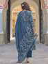 Women Blue Floral Printed Empire Line Anakali Kurta With Trouser And Dupatta
